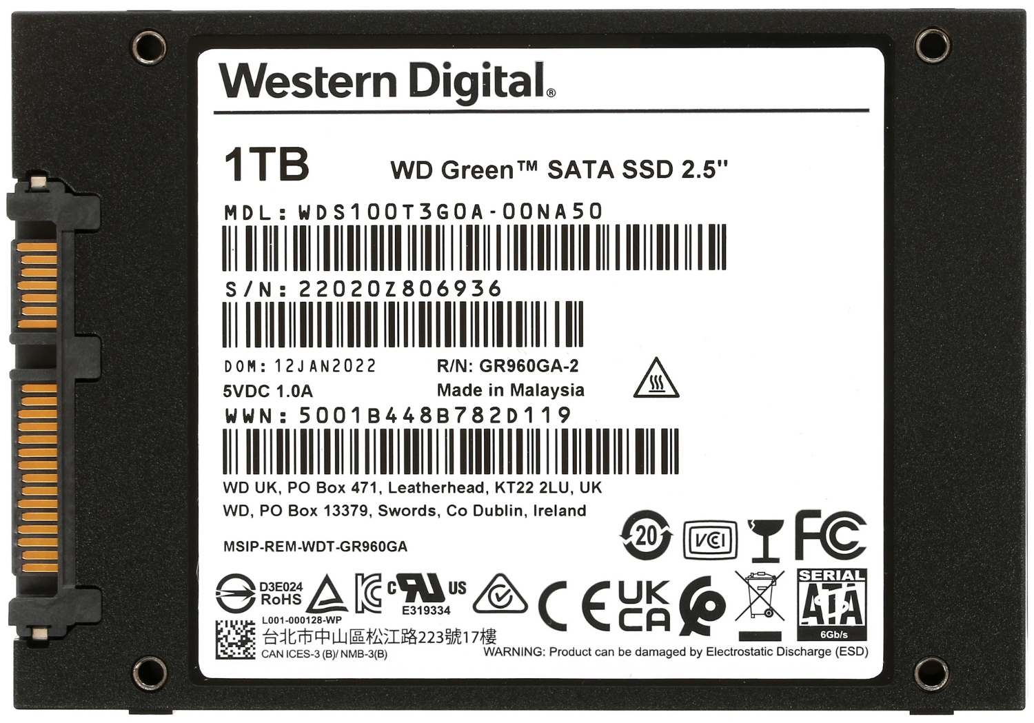Твердотельный накопитель 1ТБ 2,5" SSD WD Green 3D NAND WDS100T3G0A 